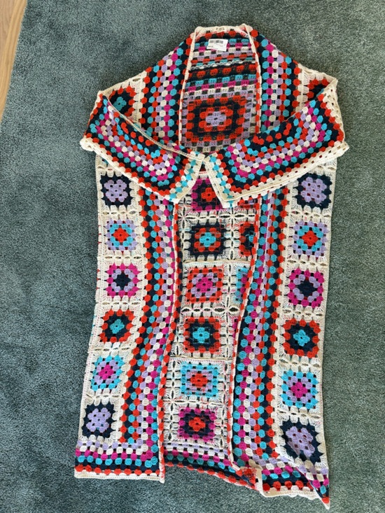 POL Sweaters - POL Multicolor Crochet Granny-Square Cardigan in Cream, Red, Pink, Blue
